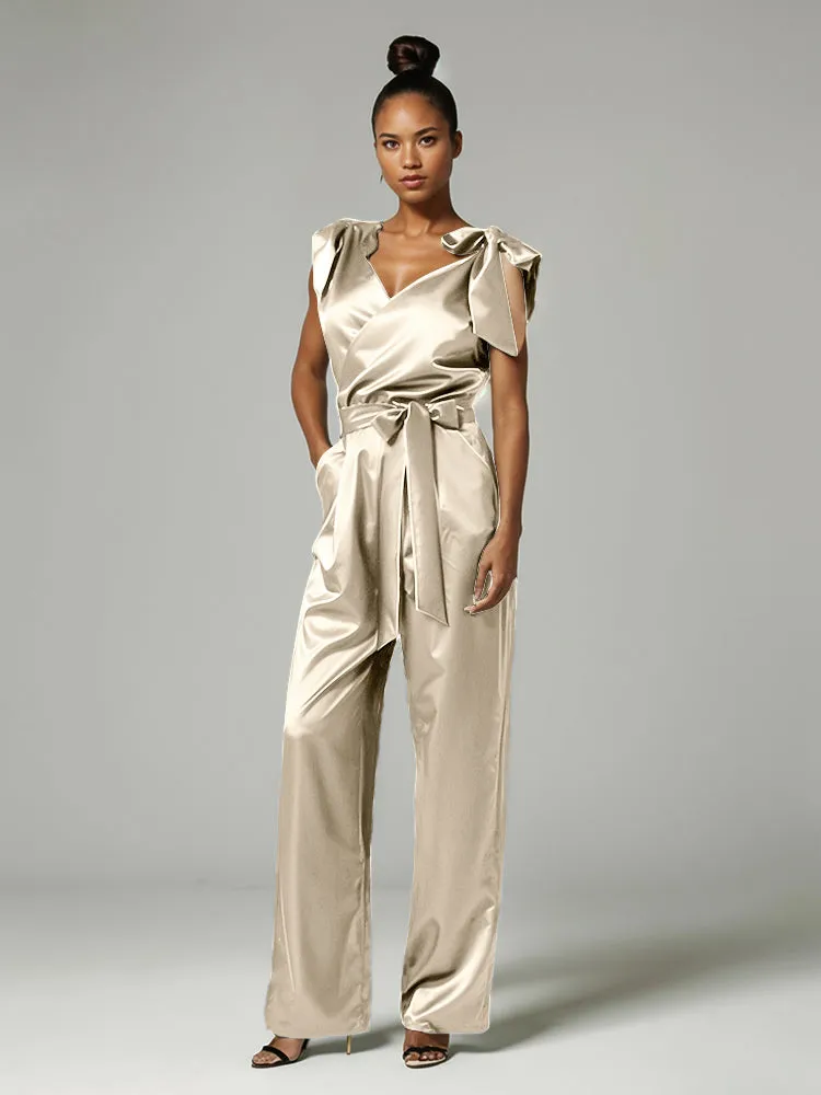 Jumpsuit/Pantsuit V-Neck Cap Sleeves Soft Satin Mother Of The Bride Dress Pants Suits With Belt