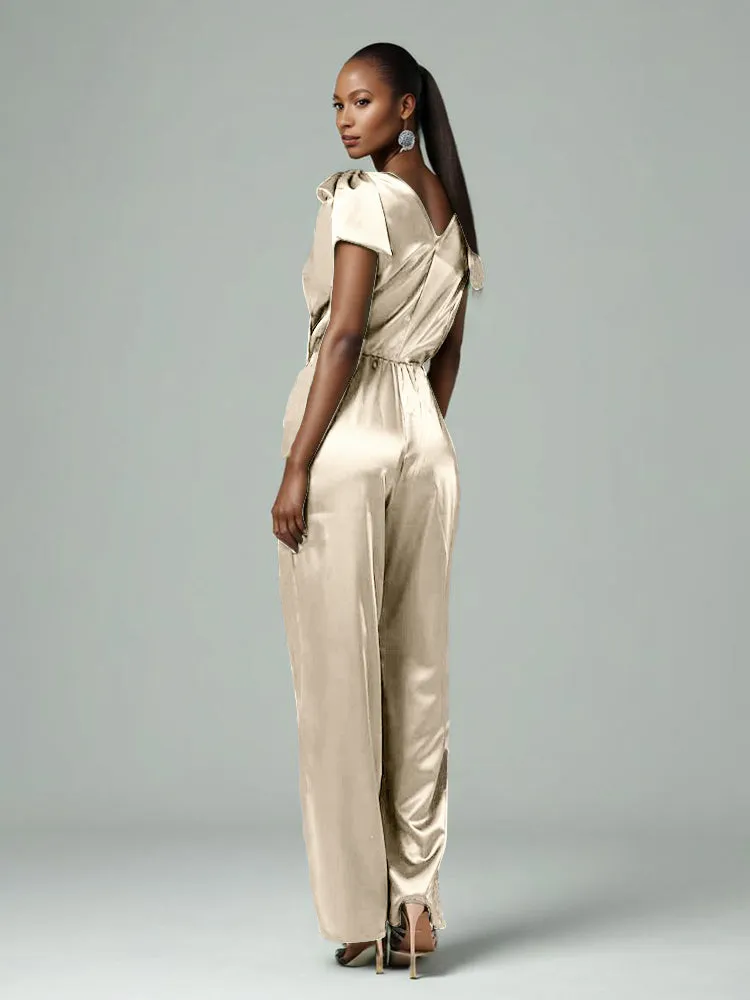 Jumpsuit/Pantsuit V-Neck Cap Sleeves Soft Satin Mother Of The Bride Dress Pants Suits With Belt