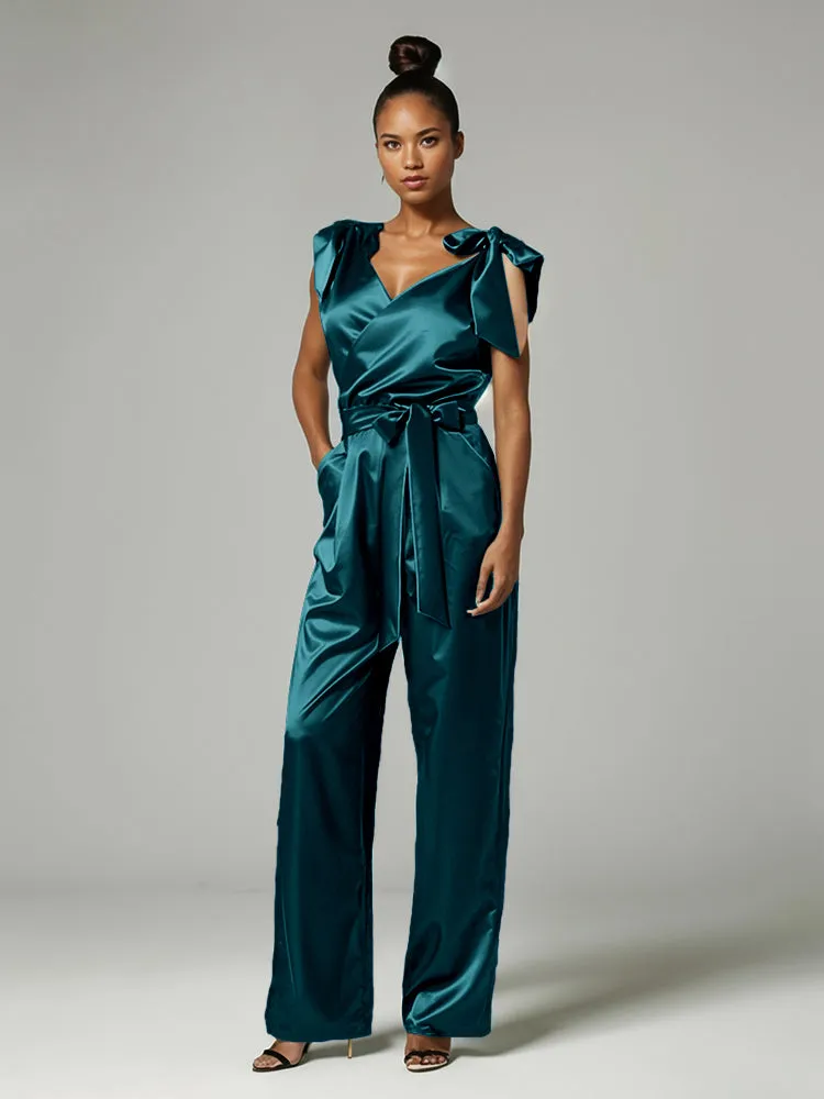 Jumpsuit/Pantsuit V-Neck Cap Sleeves Soft Satin Mother Of The Bride Dress Pants Suits With Belt