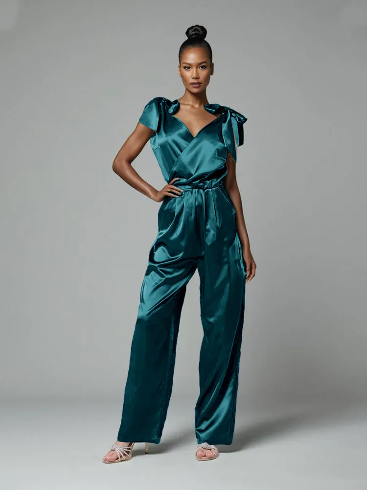 Jumpsuit/Pantsuit V-Neck Cap Sleeves Soft Satin Mother Of The Bride Dress Pants Suits With Belt