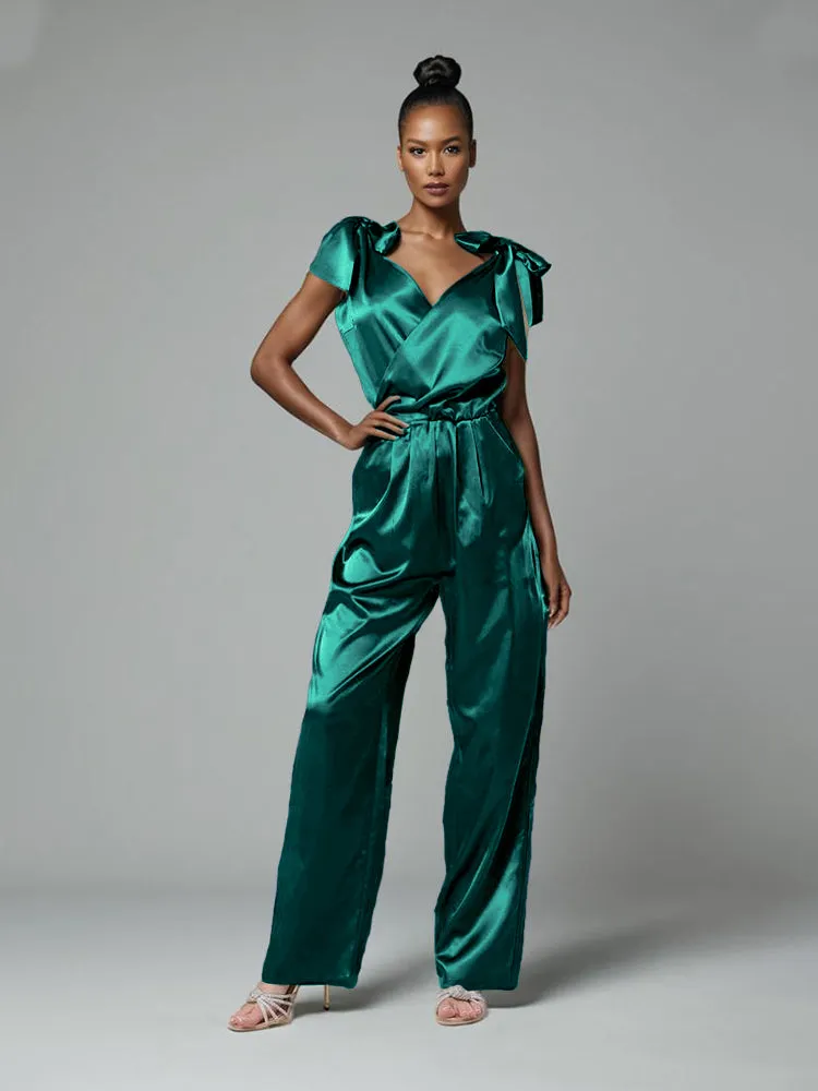 Jumpsuit/Pantsuit V-Neck Cap Sleeves Soft Satin Mother Of The Bride Dress Pants Suits With Belt