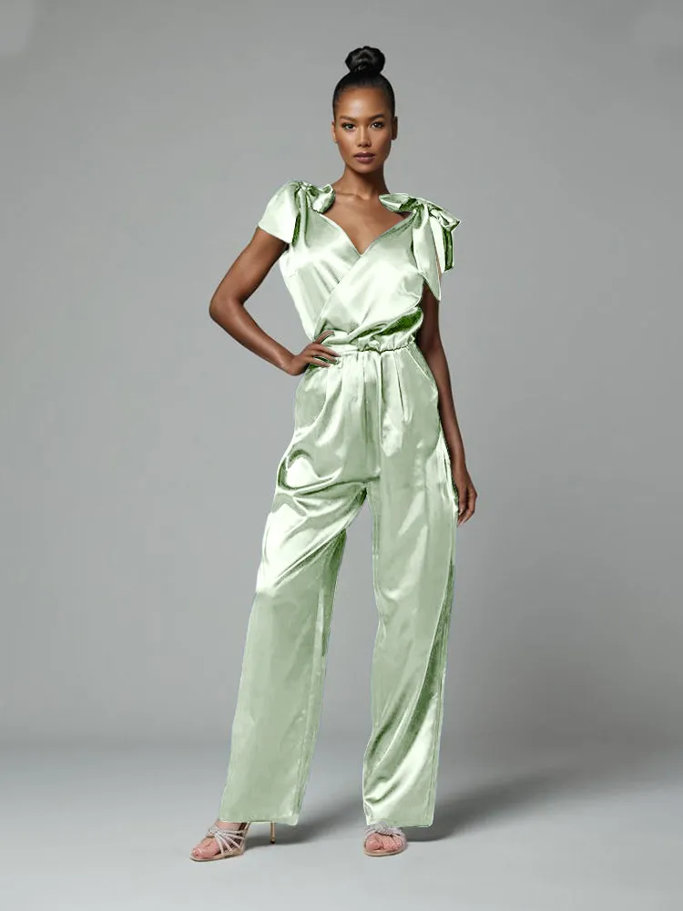 Jumpsuit/Pantsuit V-Neck Cap Sleeves Soft Satin Mother Of The Bride Dress Pants Suits With Belt