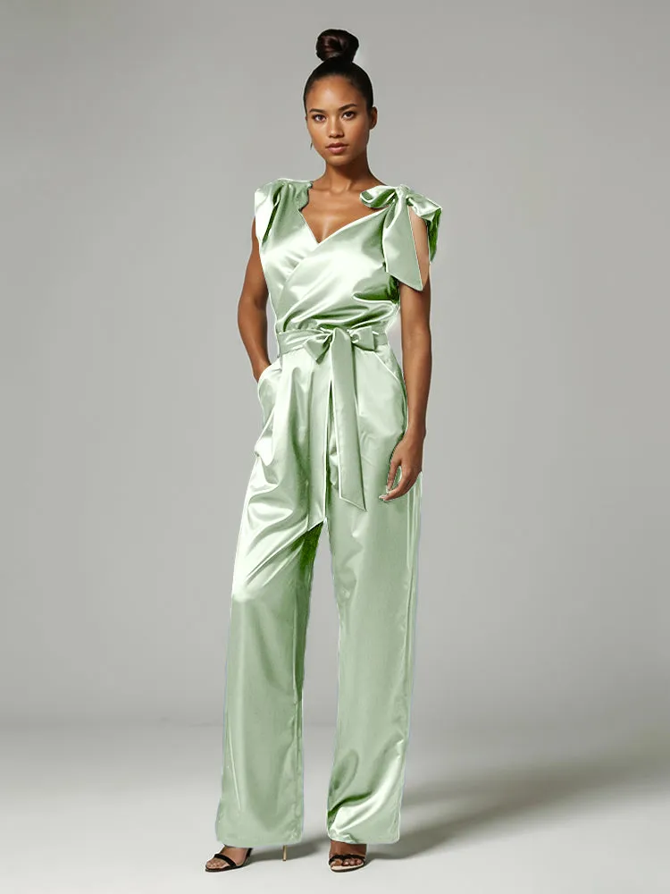 Jumpsuit/Pantsuit V-Neck Cap Sleeves Soft Satin Mother Of The Bride Dress Pants Suits With Belt