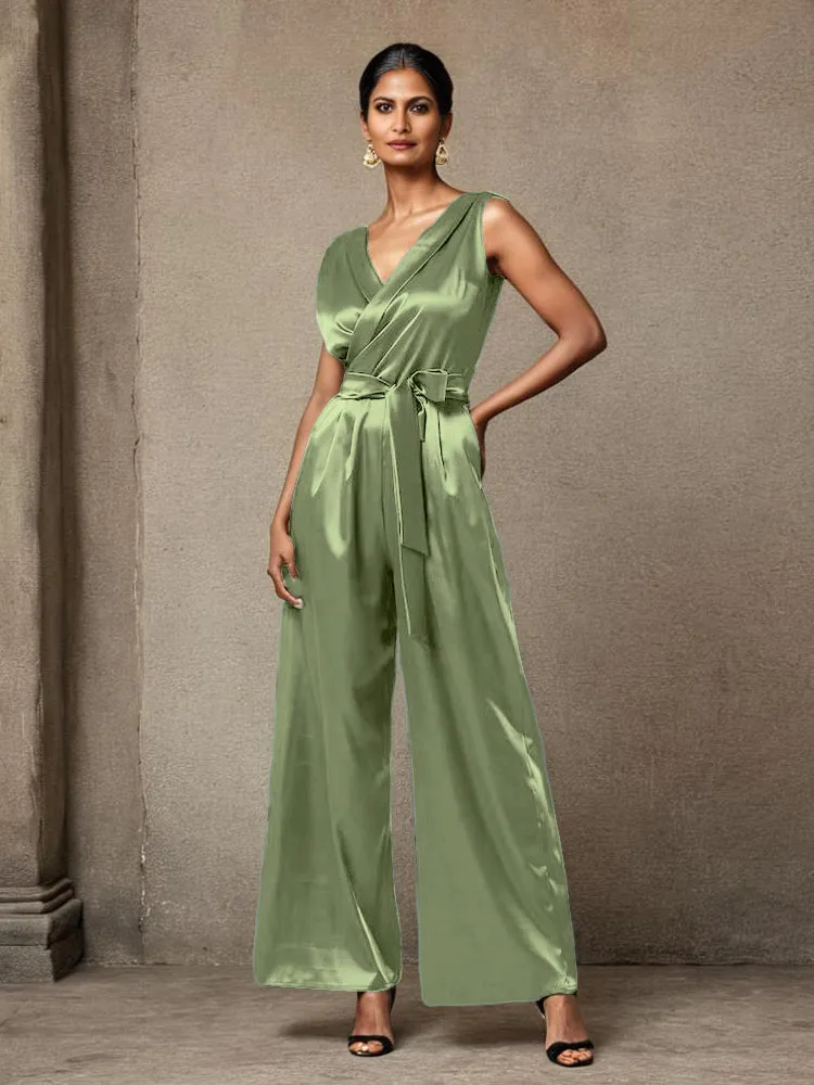 Jumpsuit/Pantsuit V-Neck Sleeveless Ruched Soft Satin Mother Of The Bride Dress Pants Suits