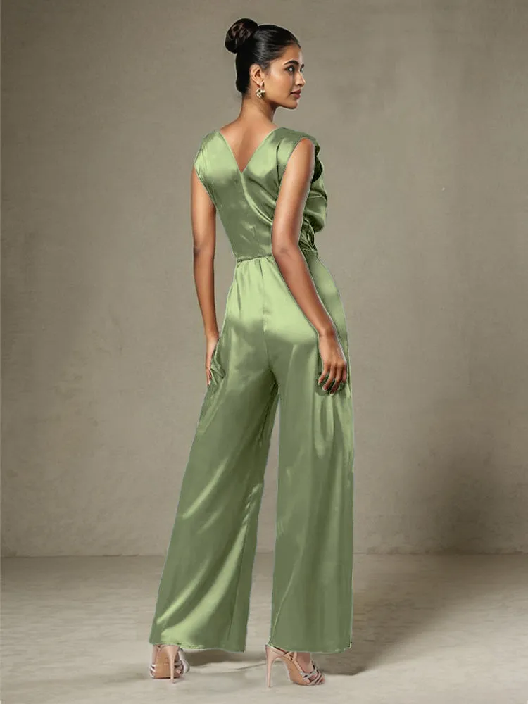 Jumpsuit/Pantsuit V-Neck Sleeveless Ruched Soft Satin Mother Of The Bride Dress Pants Suits