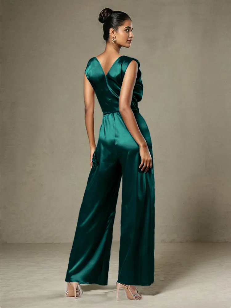 Jumpsuit/Pantsuit V-Neck Sleeveless Ruched Soft Satin Mother Of The Bride Dress Pants Suits