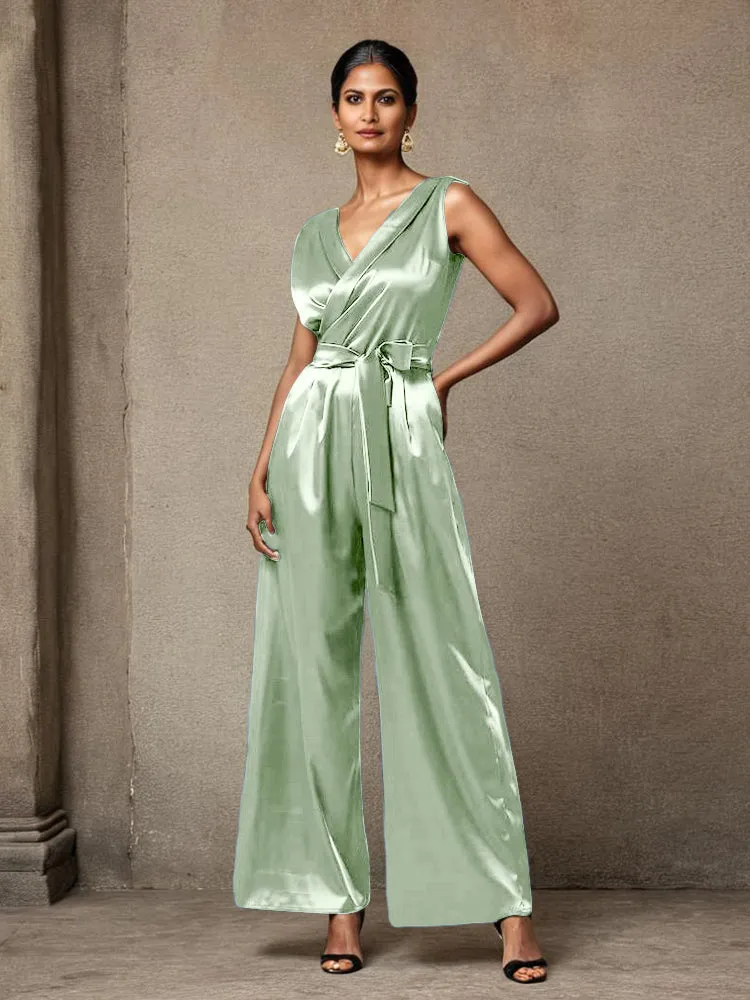 Jumpsuit/Pantsuit V-Neck Sleeveless Ruched Soft Satin Mother Of The Bride Dress Pants Suits