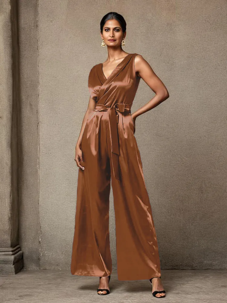 Jumpsuit/Pantsuit V-Neck Sleeveless Ruched Soft Satin Mother Of The Bride Dress Pants Suits