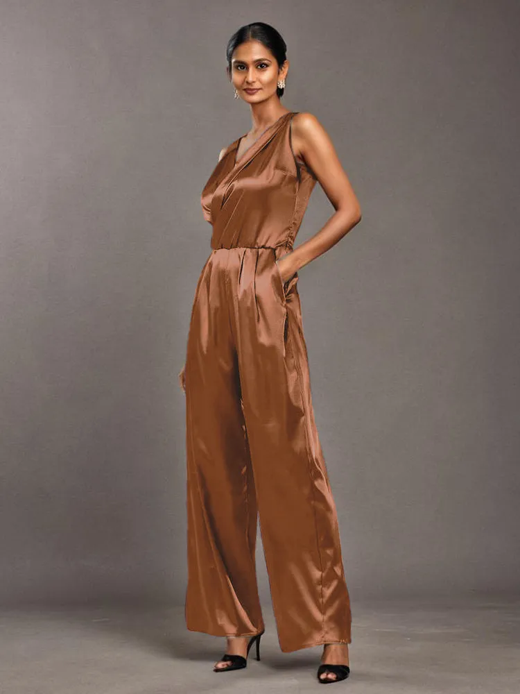 Jumpsuit/Pantsuit V-Neck Sleeveless Ruched Soft Satin Mother Of The Bride Dress Pants Suits