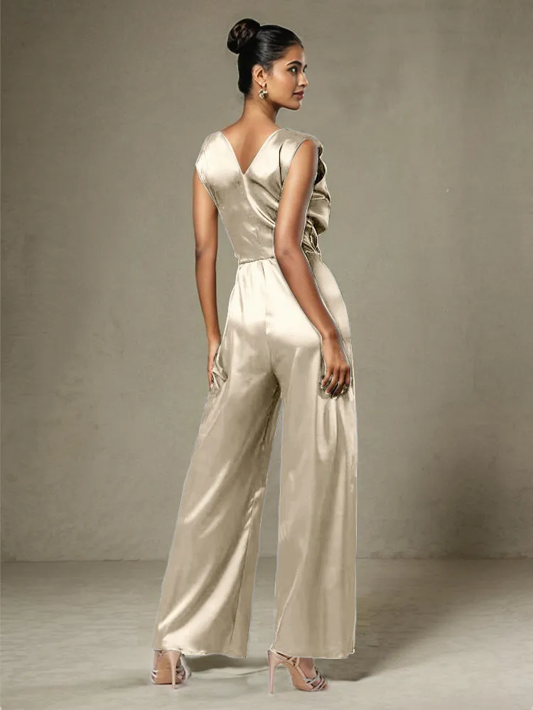 Jumpsuit/Pantsuit V-Neck Sleeveless Ruched Soft Satin Mother Of The Bride Dress Pants Suits