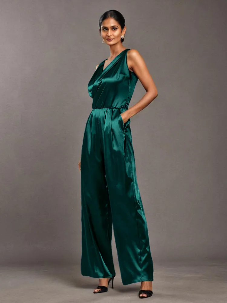 Jumpsuit/Pantsuit V-Neck Sleeveless Ruched Soft Satin Mother Of The Bride Dress Pants Suits