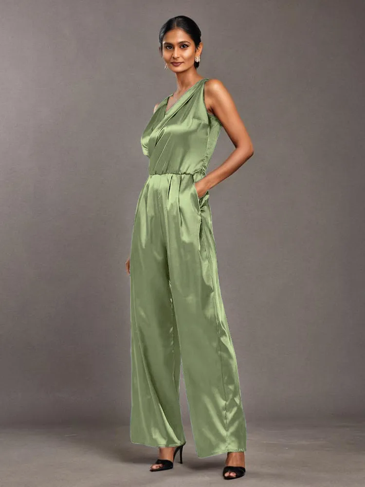 Jumpsuit/Pantsuit V-Neck Sleeveless Ruched Soft Satin Mother Of The Bride Dress Pants Suits