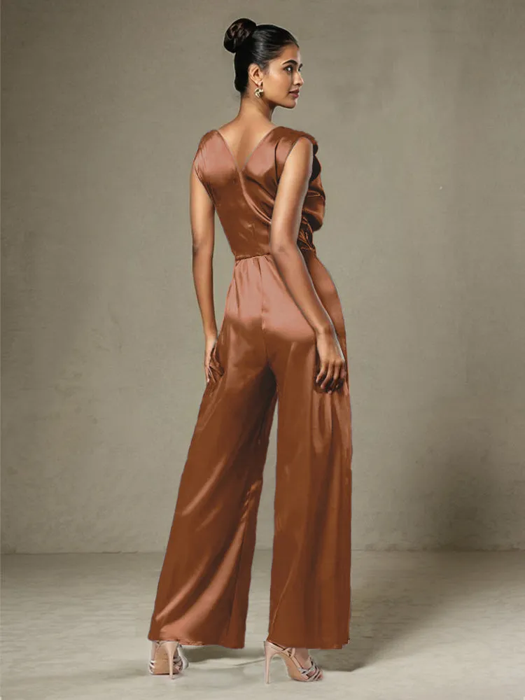 Jumpsuit/Pantsuit V-Neck Sleeveless Ruched Soft Satin Mother Of The Bride Dress Pants Suits