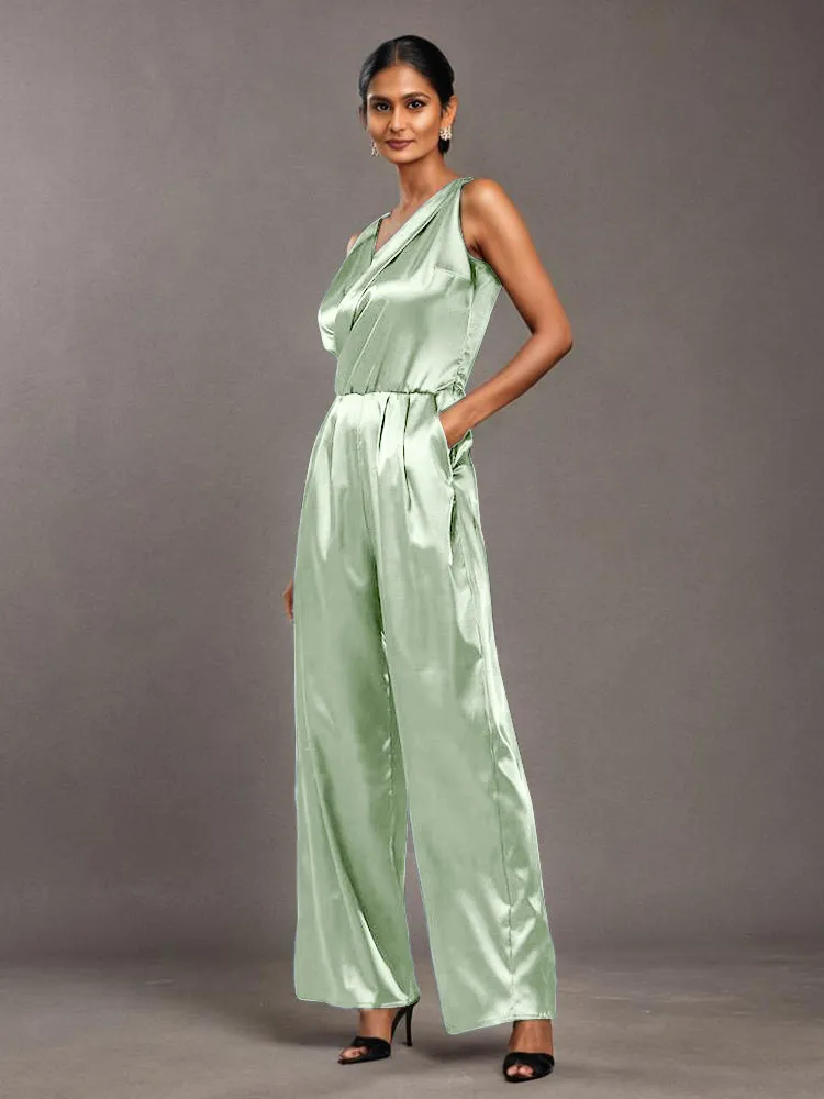 Jumpsuit/Pantsuit V-Neck Sleeveless Ruched Soft Satin Mother Of The Bride Dress Pants Suits