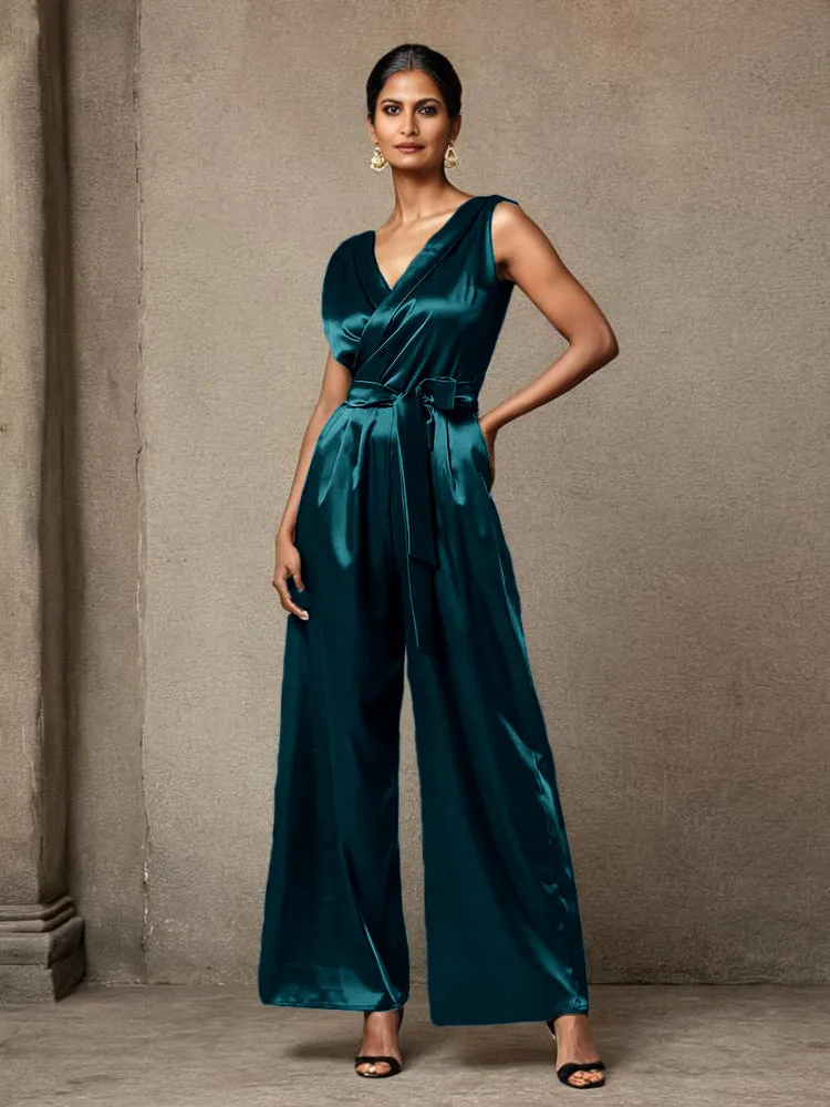 Jumpsuit/Pantsuit V-Neck Sleeveless Ruched Soft Satin Mother Of The Bride Dress Pants Suits