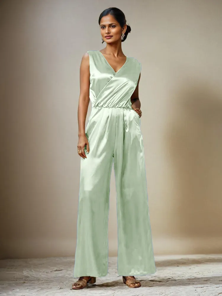 Jumpsuit/Pantsuit V-Neck Sleeveless Soft Satin Belt Mother Of The Bride Dress Pants Suits