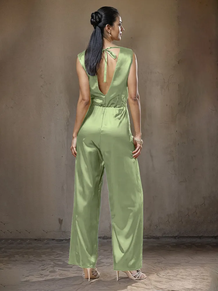 Jumpsuit/Pantsuit V-Neck Sleeveless Soft Satin Belt Mother Of The Bride Dress Pants Suits