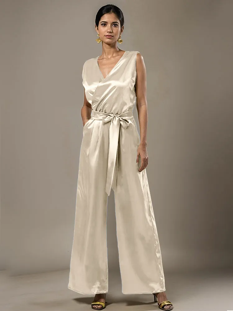 Jumpsuit/Pantsuit V-Neck Sleeveless Soft Satin Belt Mother Of The Bride Dress Pants Suits