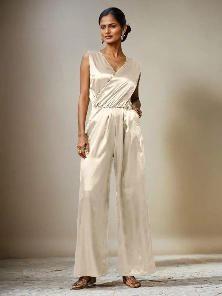 Jumpsuit/Pantsuit V-Neck Sleeveless Soft Satin Belt Mother Of The Bride Dress Pants Suits