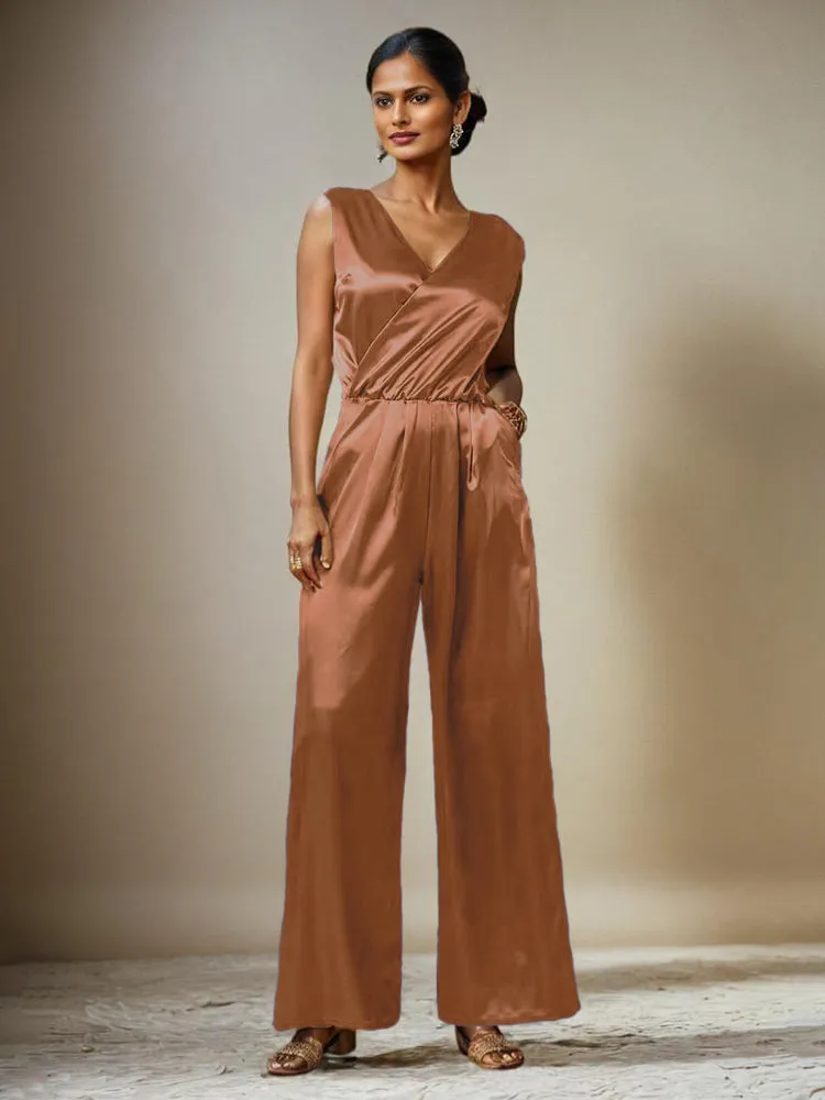 Jumpsuit/Pantsuit V-Neck Sleeveless Soft Satin Belt Mother Of The Bride Dress Pants Suits