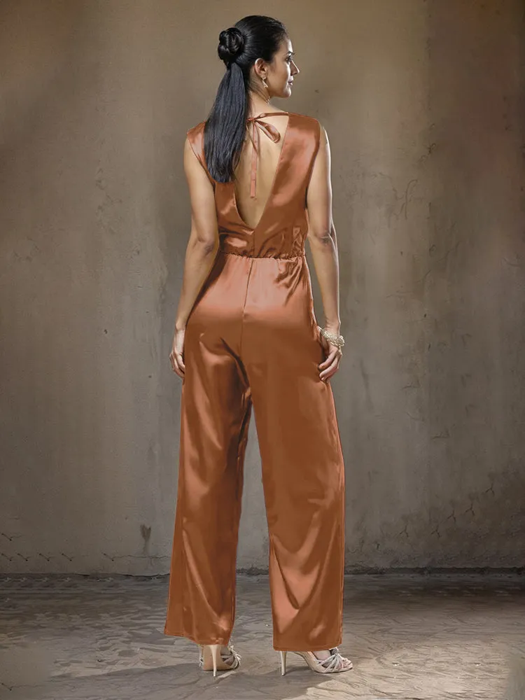 Jumpsuit/Pantsuit V-Neck Sleeveless Soft Satin Belt Mother Of The Bride Dress Pants Suits