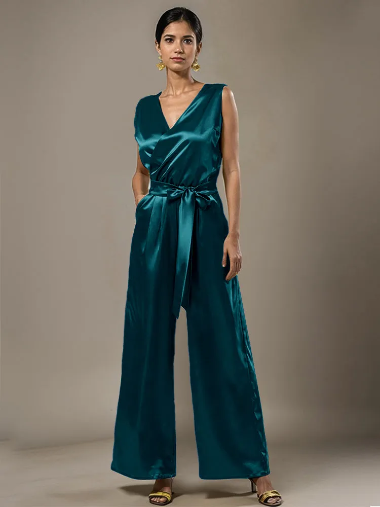 Jumpsuit/Pantsuit V-Neck Sleeveless Soft Satin Belt Mother Of The Bride Dress Pants Suits