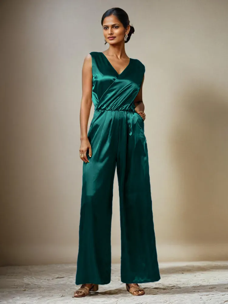 Jumpsuit/Pantsuit V-Neck Sleeveless Soft Satin Belt Mother Of The Bride Dress Pants Suits