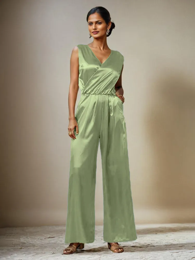 Jumpsuit/Pantsuit V-Neck Sleeveless Soft Satin Belt Mother Of The Bride Dress Pants Suits