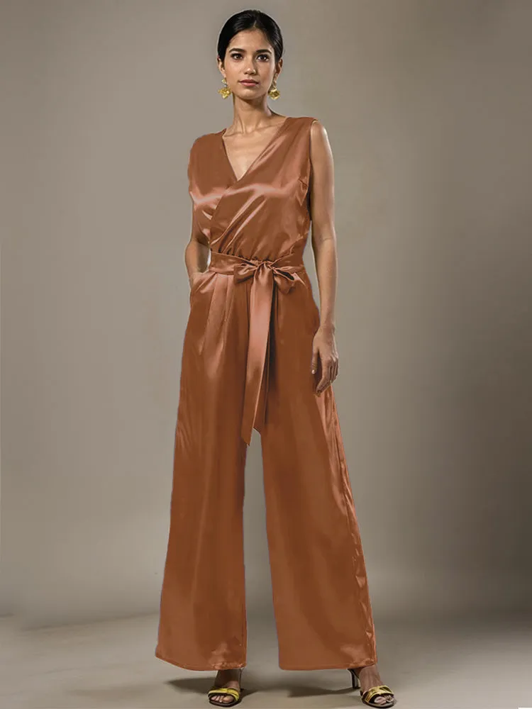 Jumpsuit/Pantsuit V-Neck Sleeveless Soft Satin Belt Mother Of The Bride Dress Pants Suits