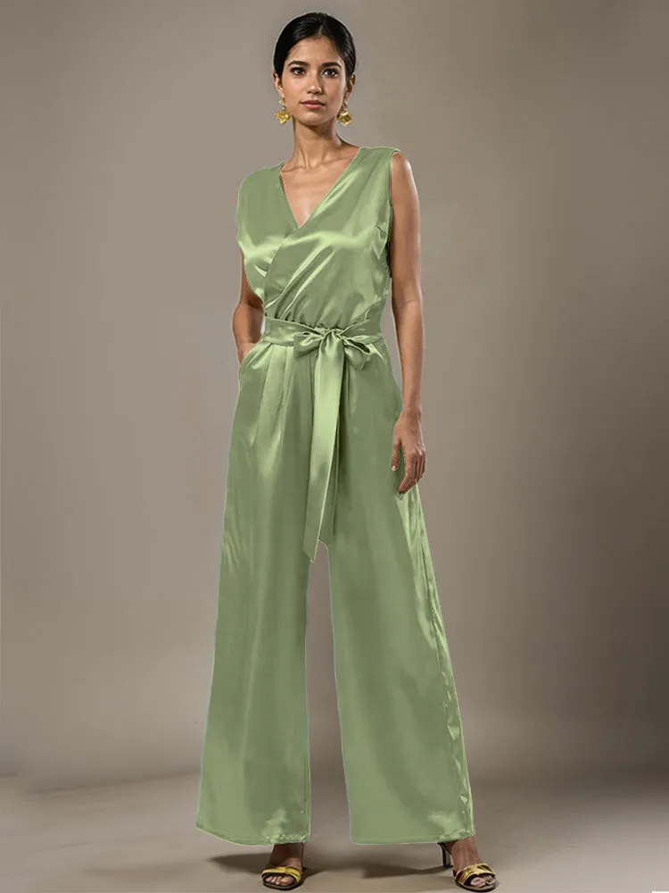 Jumpsuit/Pantsuit V-Neck Sleeveless Soft Satin Belt Mother Of The Bride Dress Pants Suits