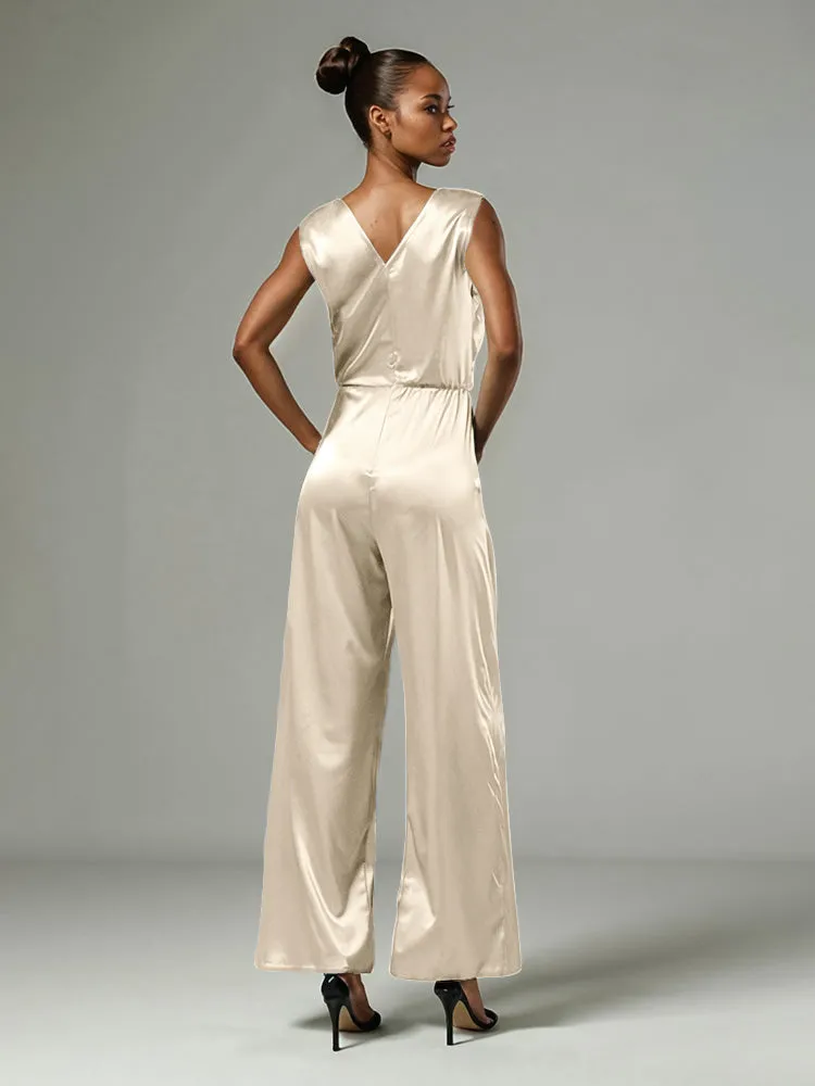 Jumpsuit/Pantsuit V-Neck Sleeveless Soft Satin Mother Of The Bride Dress Pants Suits With Tie