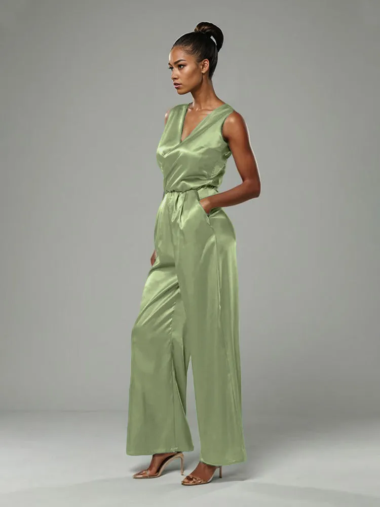 Jumpsuit/Pantsuit V-Neck Sleeveless Soft Satin Mother Of The Bride Dress Pants Suits With Tie