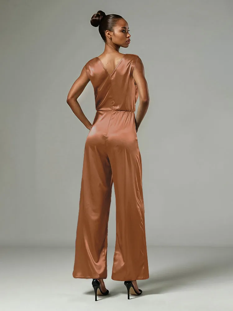 Jumpsuit/Pantsuit V-Neck Sleeveless Soft Satin Mother Of The Bride Dress Pants Suits With Tie