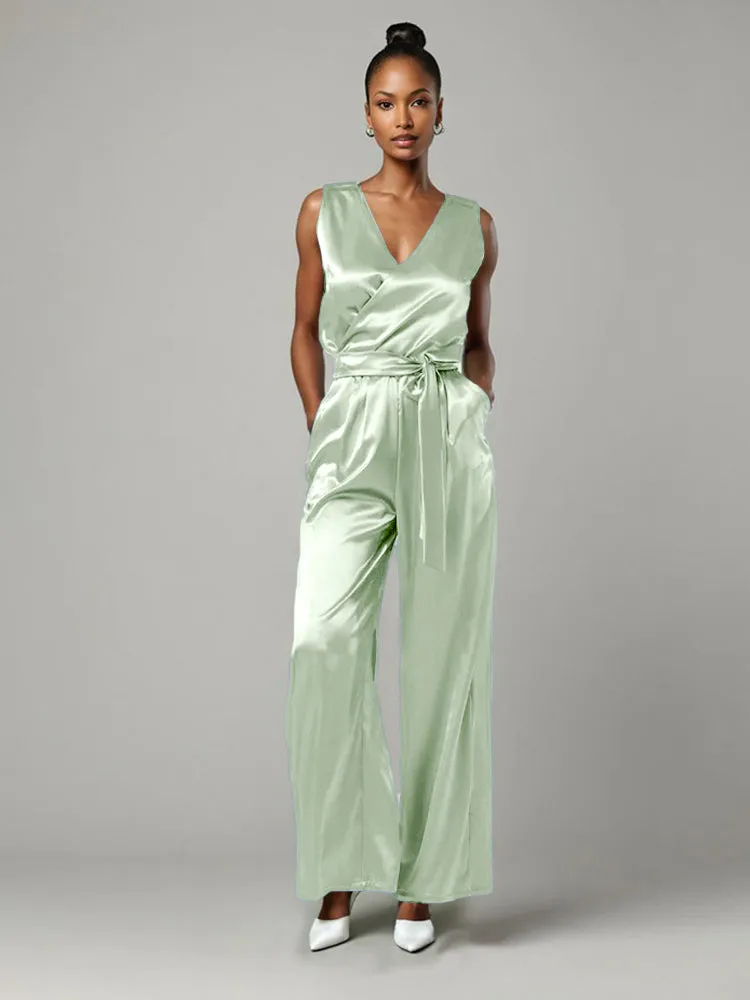 Jumpsuit/Pantsuit V-Neck Sleeveless Soft Satin Mother Of The Bride Dress Pants Suits With Tie