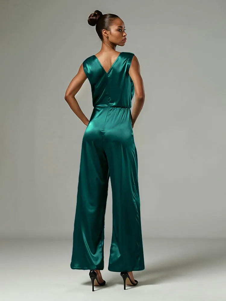 Jumpsuit/Pantsuit V-Neck Sleeveless Soft Satin Mother Of The Bride Dress Pants Suits With Tie