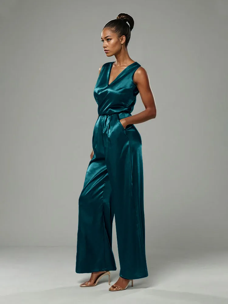 Jumpsuit/Pantsuit V-Neck Sleeveless Soft Satin Mother Of The Bride Dress Pants Suits With Tie