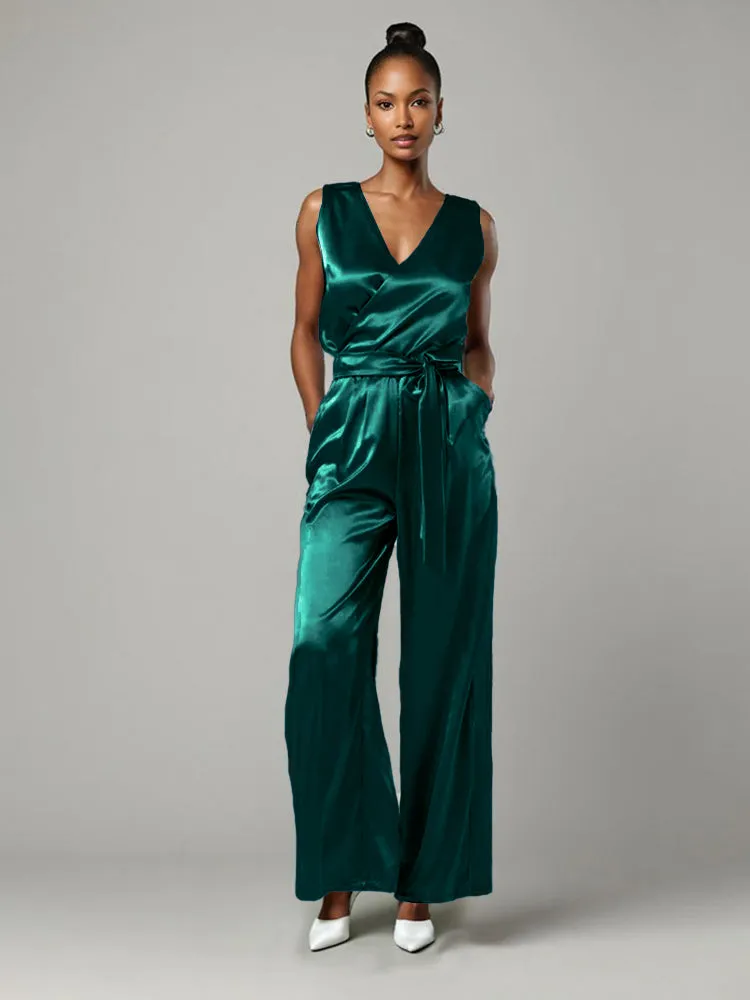 Jumpsuit/Pantsuit V-Neck Sleeveless Soft Satin Mother Of The Bride Dress Pants Suits With Tie