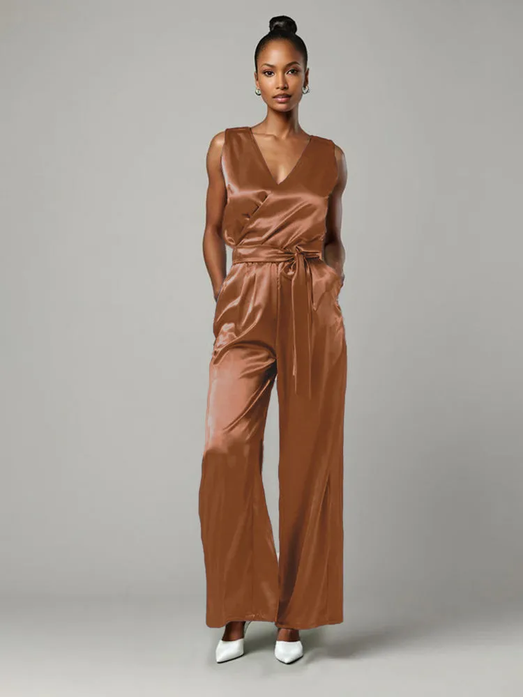 Jumpsuit/Pantsuit V-Neck Sleeveless Soft Satin Mother Of The Bride Dress Pants Suits With Tie