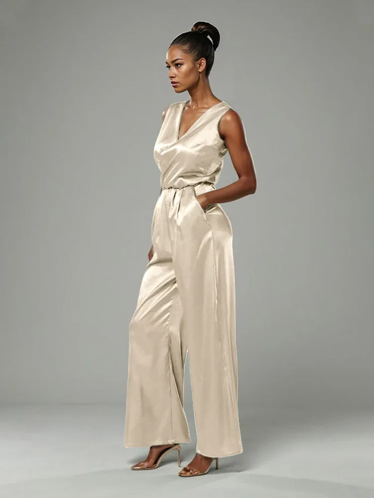 Jumpsuit/Pantsuit V-Neck Sleeveless Soft Satin Mother Of The Bride Dress Pants Suits With Tie