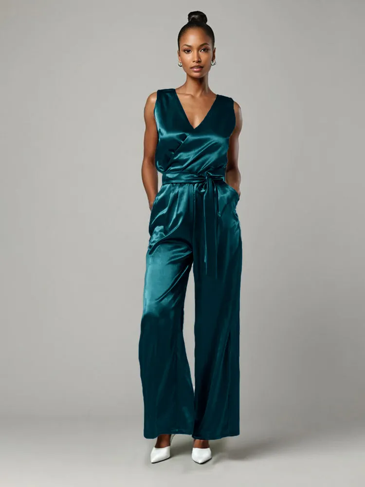 Jumpsuit/Pantsuit V-Neck Sleeveless Soft Satin Mother Of The Bride Dress Pants Suits With Tie