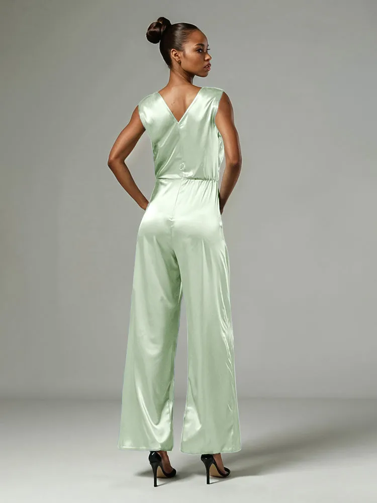 Jumpsuit/Pantsuit V-Neck Sleeveless Soft Satin Mother Of The Bride Dress Pants Suits With Tie