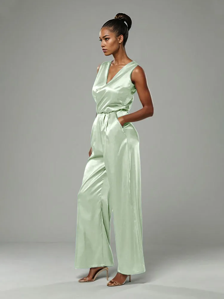 Jumpsuit/Pantsuit V-Neck Sleeveless Soft Satin Mother Of The Bride Dress Pants Suits With Tie