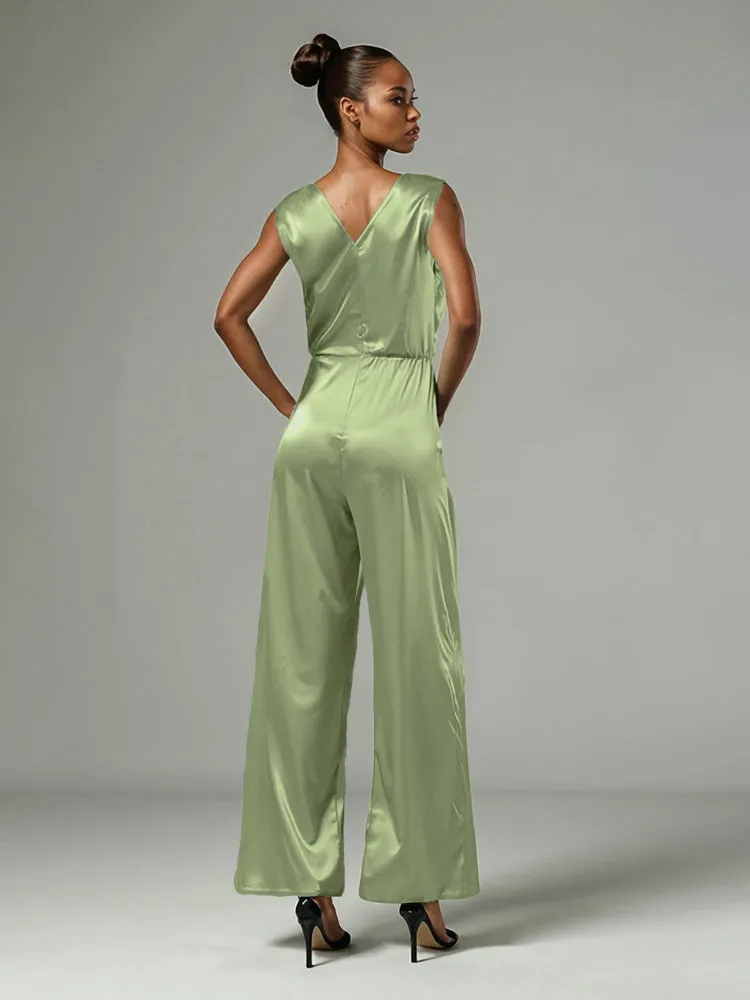 Jumpsuit/Pantsuit V-Neck Sleeveless Soft Satin Mother Of The Bride Dress Pants Suits With Tie