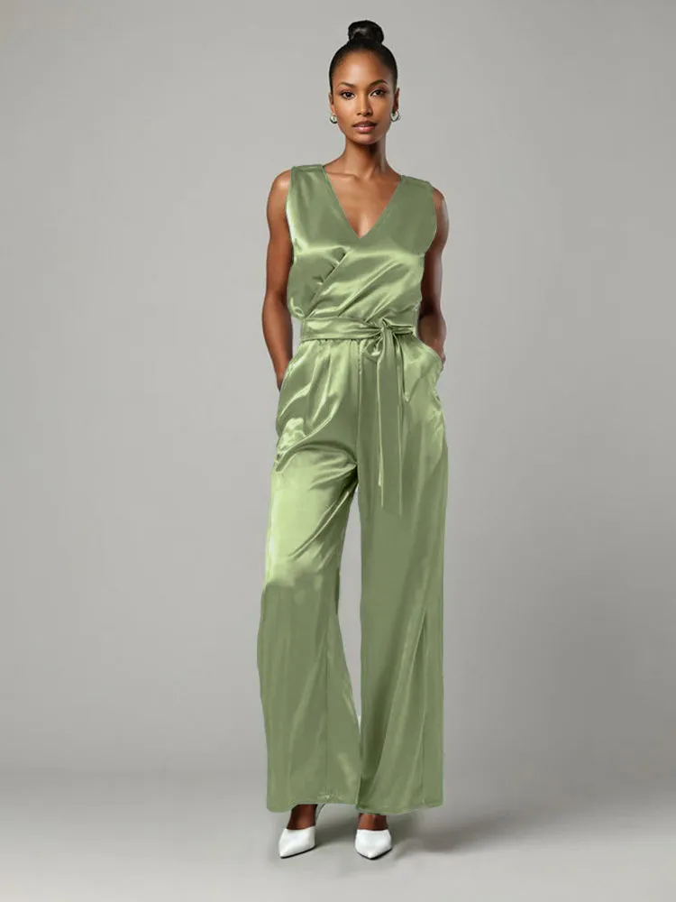 Jumpsuit/Pantsuit V-Neck Sleeveless Soft Satin Mother Of The Bride Dress Pants Suits With Tie