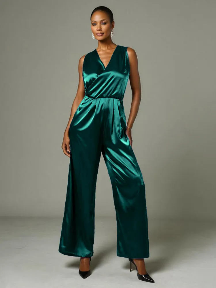 Jumpsuit/Pantsuit V-Neck Sleeveless Soft Satin Mother Of The Bride Dress Pants Suits