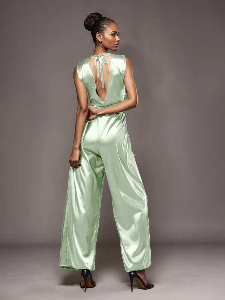 Jumpsuit/Pantsuit V-Neck Sleeveless Soft Satin Mother Of The Bride Dress Pants Suits