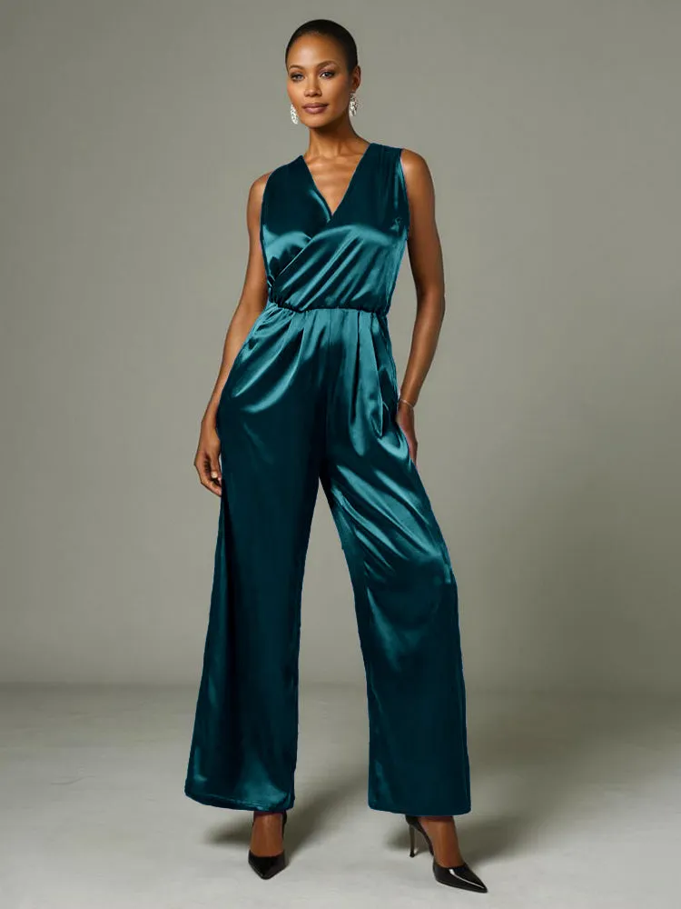 Jumpsuit/Pantsuit V-Neck Sleeveless Soft Satin Mother Of The Bride Dress Pants Suits