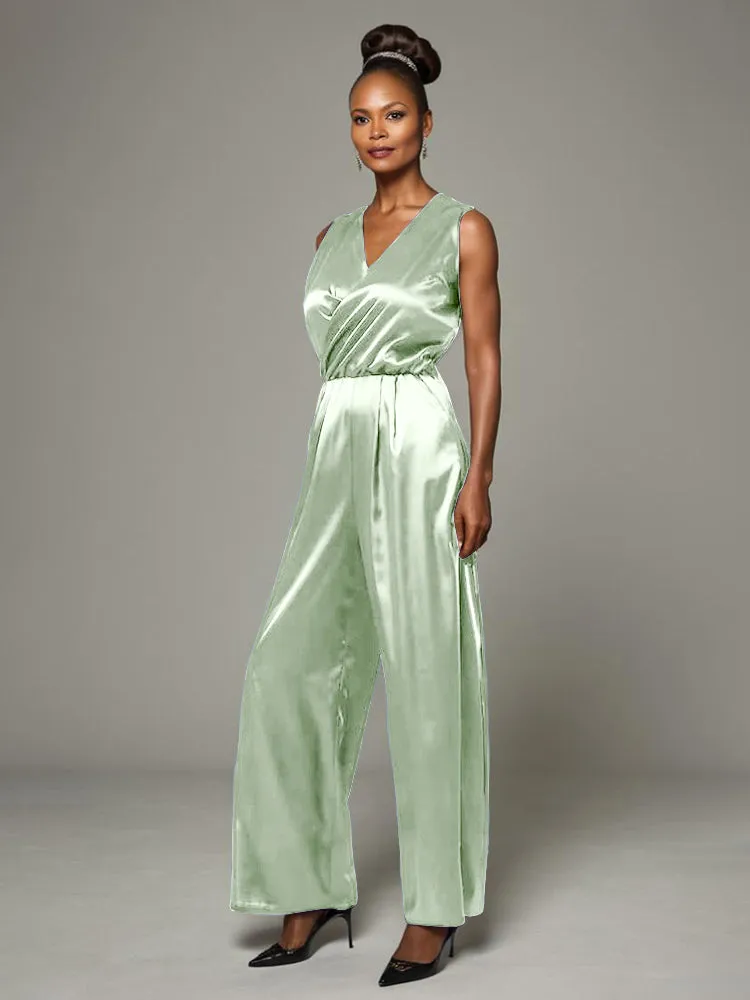 Jumpsuit/Pantsuit V-Neck Sleeveless Soft Satin Mother Of The Bride Dress Pants Suits