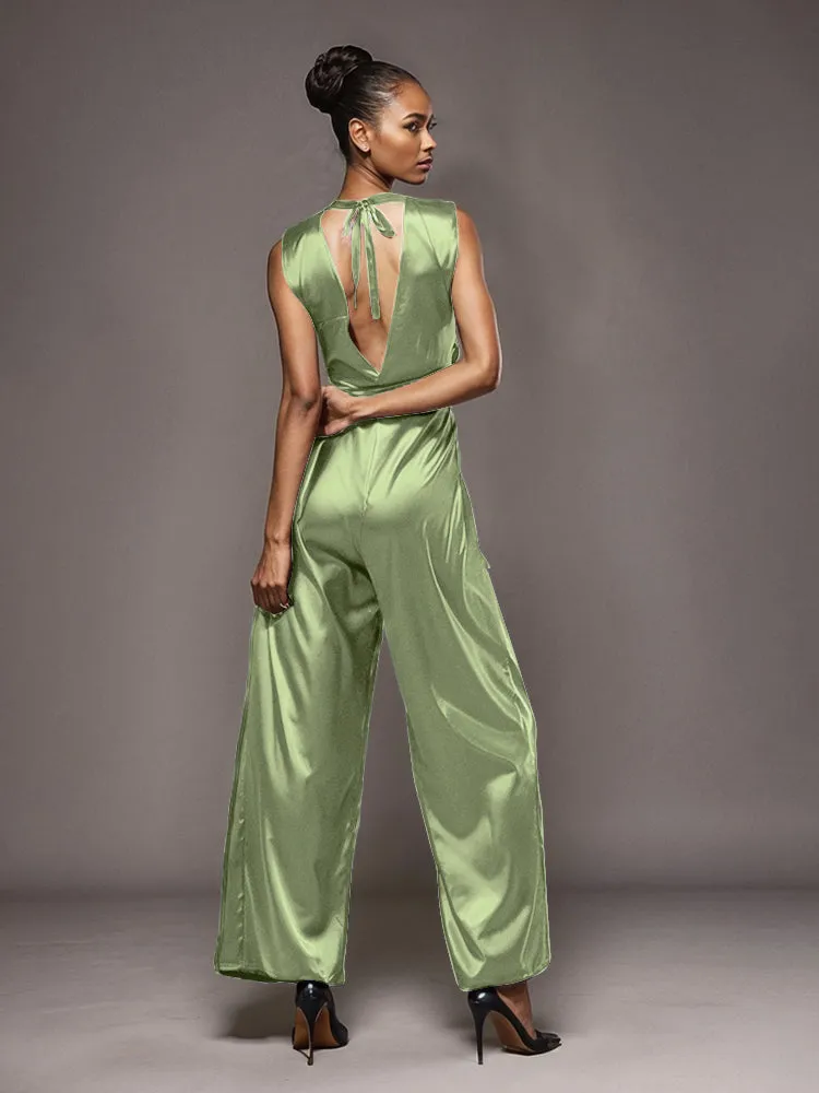 Jumpsuit/Pantsuit V-Neck Sleeveless Soft Satin Mother Of The Bride Dress Pants Suits