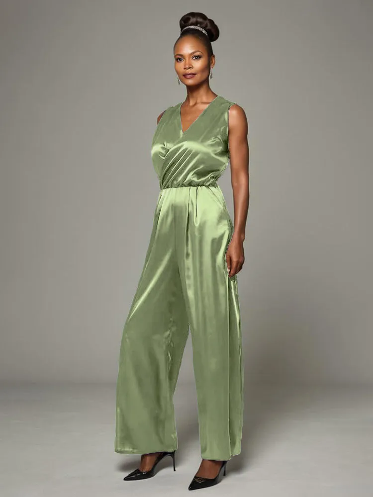 Jumpsuit/Pantsuit V-Neck Sleeveless Soft Satin Mother Of The Bride Dress Pants Suits